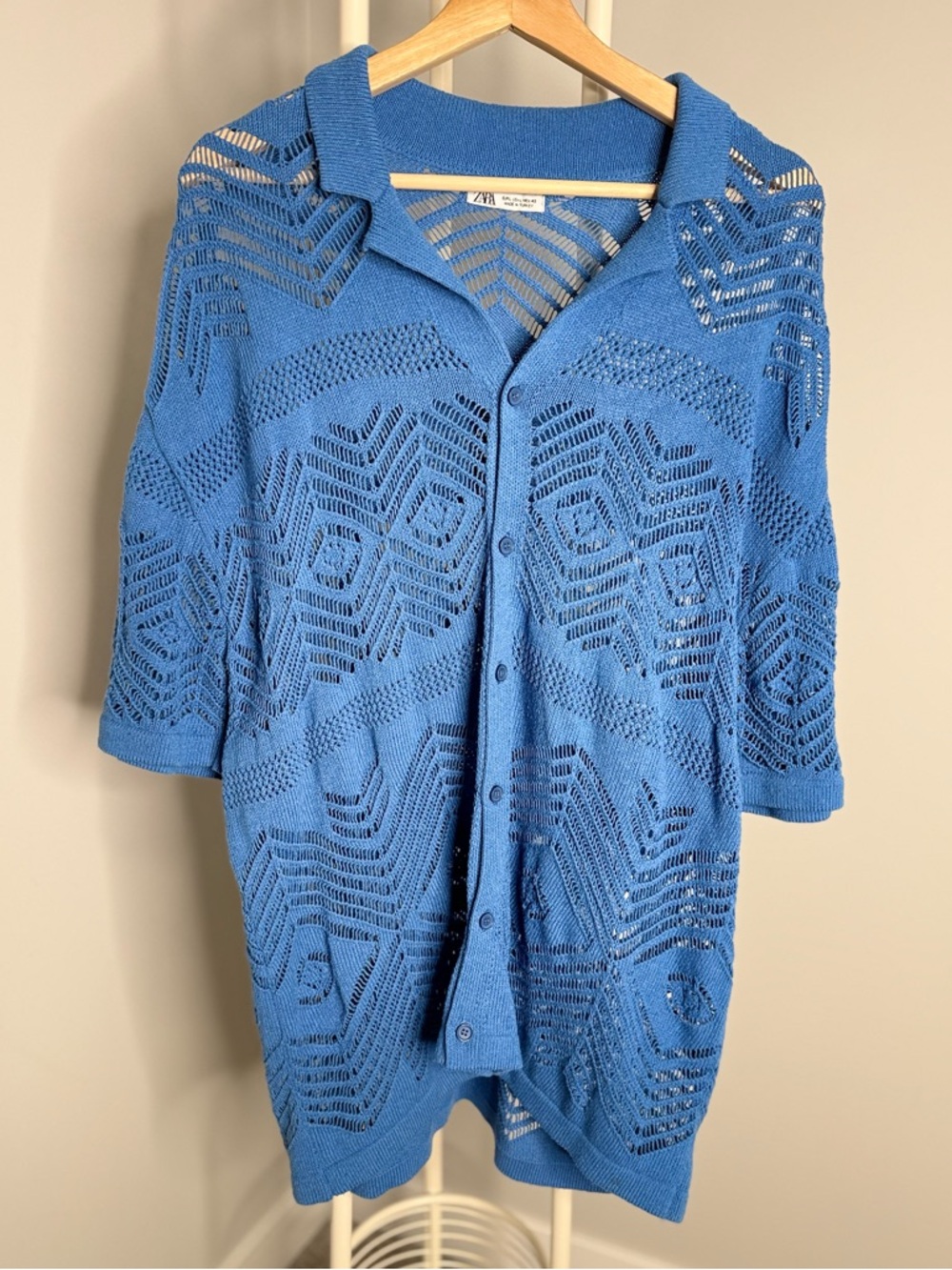 Zara Blue Men’s Short-Sleeve Button-Down Knit Shirt